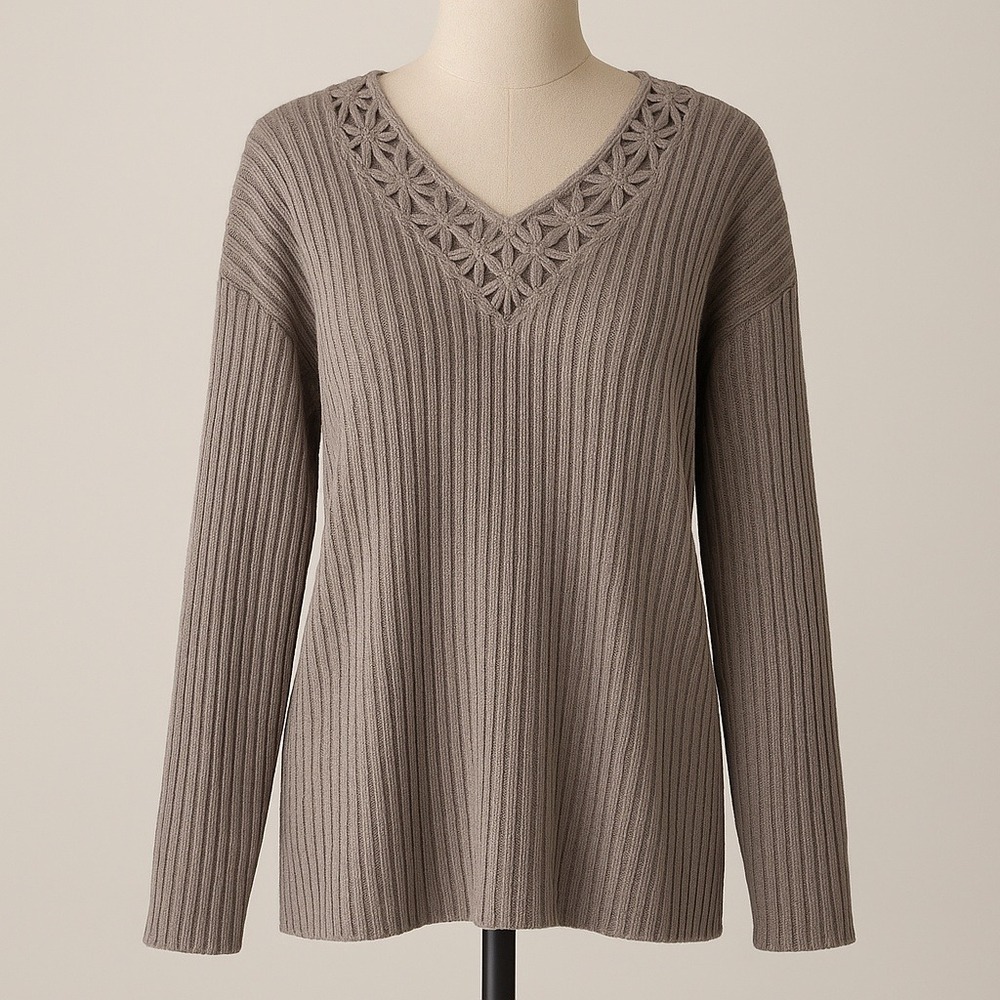 Vintage Jay Jacobs Taupe Ribbed Knit Sweater Women's Small Floral Crochet V-Neck